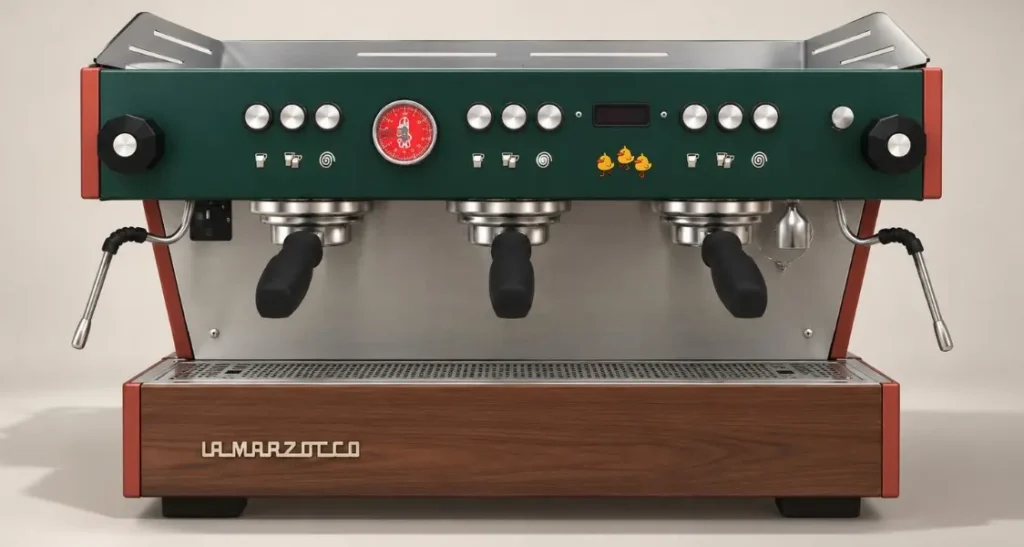 Machine à café La Marzocco personnalisée en vert avec inserts bois, réalisation L'Atelier Caféiné
