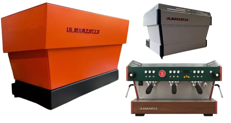 Trois machines à café La Marzocco de couleurs différentes : orange, blanc et gris, vert et bois